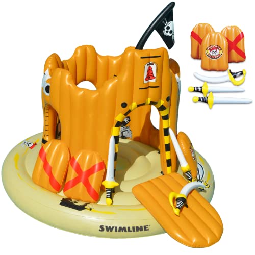 SWIMLINE Giant Inflatable Pirate Castle Pool Float For Kids And Adults Size| Floating Kingdom Raft Lounger Combo With Gate Shield Windows & Accessories For Pools Lakes Beach | Fits Up To 4 People