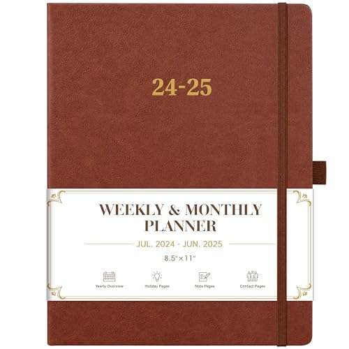 2024-2025 Planner - Planner 2024-2025, Leather Planner Weekly Monthly, Jul 2024 - Jun 2025, 8.5' x 11', Inner Pocket + Elastic Closure + Pen Loop + Bookmarks+ Leather Hardcover - Red Brown