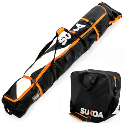 Ski Bag and Ski Boot Bag Combo for Air Travel Unpadded - Ski Luggage Bags for Snow Travel Gear - Ski Case for Cross Country, Downhill, Boots, Helmet, Poles, Clothes and Accessories