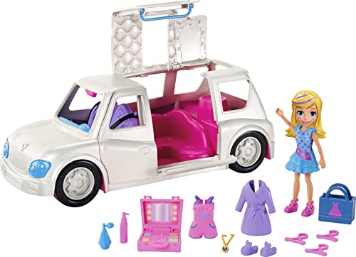 Polly Pocket Arrive in Style Limo Vehicle with 3-inch Polly Doll, 3 Hangers, Makeup Case, Shopping Bag, Romper, Robe, Slippers, Shoes, Dress & More, Ages 4 and Older (Amazon Exclusive)