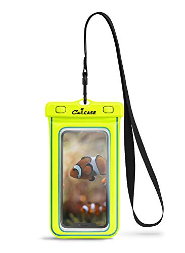 CaliCase Universal Waterproof Floating Phone Pouch - IPX8 Waterproof Floating Phone Case with Lanyard for iPhone X-15/ S20-S24/ Pixel 1-8 - Yellow Glow in Dark