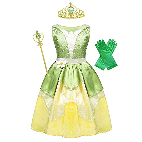 WonderBabe Green Fairy Tale Princess Tiana Dress Fancy Birthday Party Dresses Halloween Christmas Party Dress up Role Play Dresses Luxury Outfit Green Size 5T 6T Age 5-6 Years