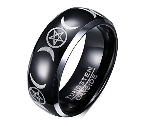 Hisatan Two-tone 8mm Wicca Pagan Triple Moon Goddess Pentagram Tungsten Carbide Dome Wedding Band Ring for Men