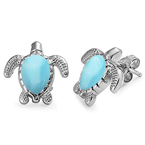 Natural Larimar Turtle Stud .925 Sterling Silver Earrings