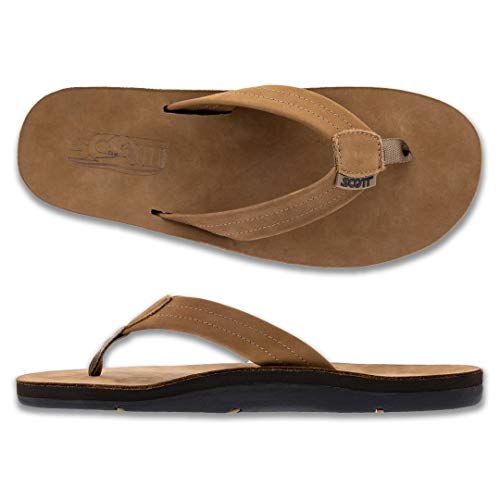 Scott Hawaii Men's Luna Rubber Slipper with Leather Strap | Beach Footwear | No-Slip Boat Sandal | All Day Arch Support Comfortable Flip Flops - Tan