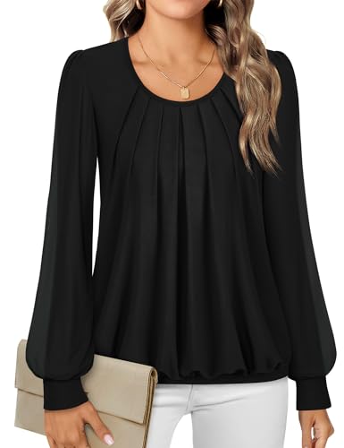 Timeson Womens Dress Shirts and Blouses for Work,Loose Sheer Long Sleeve Blouses for Women Business Casual Ladies Career Office Tops Professional Attire Trendy Dressy Peasant Black XXX-Large