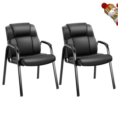 edx Leather Waiting Room Chairs with Padded Arms Set of 2 - Executive Office Reception Guest Chair No Wheels for Conference Room Lobby Side, Black