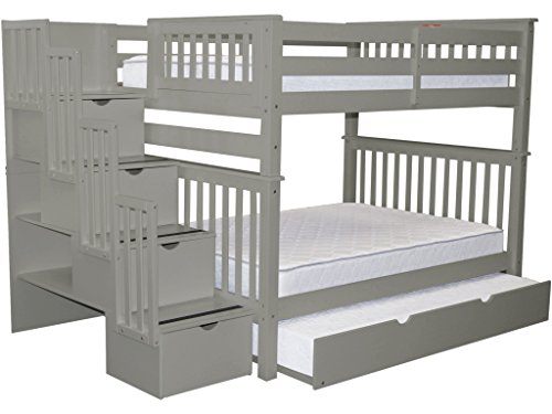 Bedz King Stairway Bunk Beds Full over Full with 4 Drawers in the Steps and a Twin Trundle, Gray