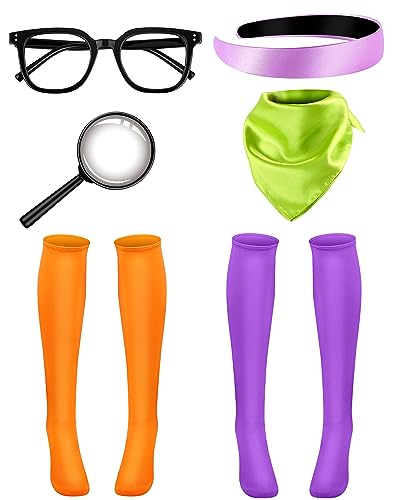 6 Pcs Halloween Group Costume Orange and Purple Compression Socks Magnifying Glass Lensless Nerd Costume Glasses Purple Hairband Headband Green Neckerchief Square Scarf for Women