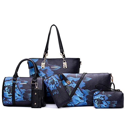 2E-youth Women Designer Purses And Handbags Set Satchel Shoulder Bags Tote Bags 6pcs Wallets (black&blue)