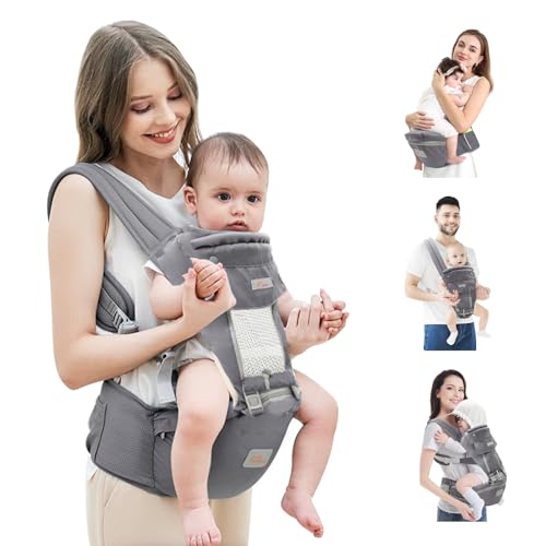 Mumgaroo Baby Carrier with Hood for Newborns to Toddlers - All Seasons, All Positions Breastfeeding and Hip Carrier (Grey Upgrade)