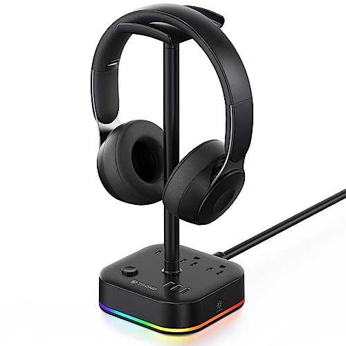 TROND Headphone Stand with USB Charger, Desk Gaming Headset Holder with 3 USB Charging Ports and 3 AC Outlets, RGB Headphone Hanger with 5 Light Modes, for Desk Accessories, Gamer Gifts