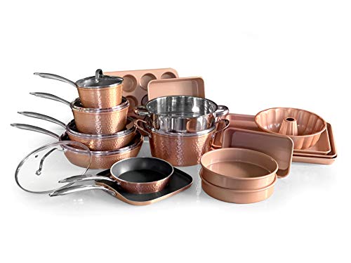 OrGREENiC Ceramic Pots and Pans for Cooking - 22 Piece Cookware Set with Glass Lids, Rose Hammered Design, Elegant, Lightweight & Durable Non Stick Pans for All Stove Top Designs, Oven Use up to 500°F