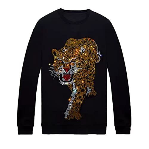 HZCX FASHION Mens Womens Hip Hop Rhinestone Graphic Sweatshirt Crewneck Pullover(Tiger Black,Women Medium)