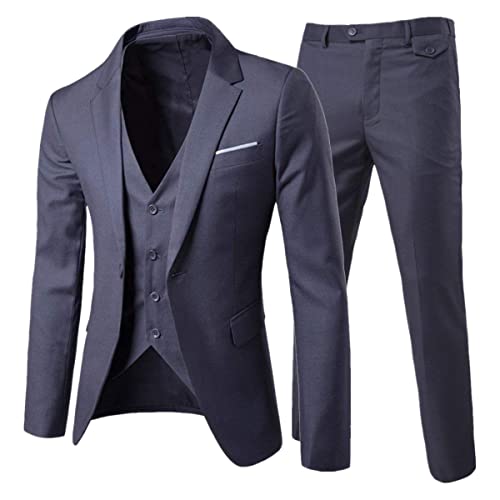 Cloudstyle Mens 3-Piece Suit Notched Lapel One Button Slim Fit Formal Jacket Vest Pants Set,Dark Grey,XX-Large