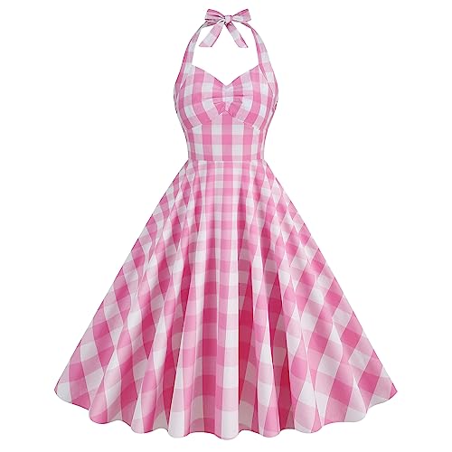 50s Plaid Halter Dresses for Women Vintage Pink Plaid Dress Pin Up Dresses 1950 Gingham Rockabilly Dresses Women Pink White Gingham Knee Length Swing Dresses Pink White Gingham-Halter X-Large