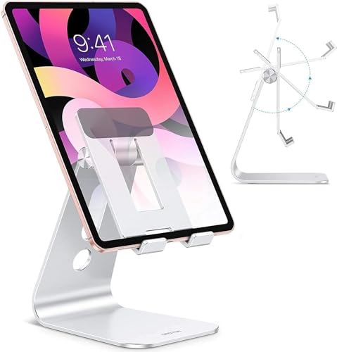 OMOTON Adjustable Tablet Stand for Desk, Upgraded Longer Arms for Greater Stability, T2 Tablet Holder with Hollow Design for Bigger Sized Phones and Tablets Such as iPad Pro/Air/Mini, Silver