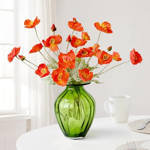 JINWOE Flame Dark Orange Artificial Poppy Silk Flowers, 6Pcs Lifelike Faux Poppies Stems Flowers for Decoration, Long Stems Faux Bouquet for Indoor Table Centerpiece Kitchen Wedding Home Cemetery