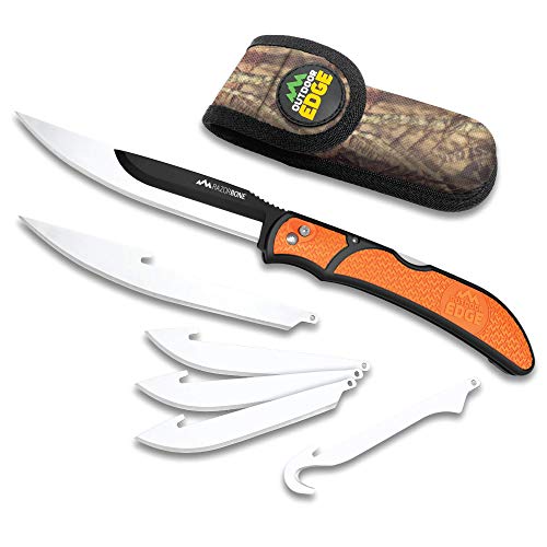 OUTDOOR EDGE RazorBone Replaceable Blade Folding Hunting Knife with Clip & Sheath. 3 Butcher Knife Blade Styles - Boning, Gutting, & Skinning Knives. Blaze Orange, Camo Sheath, 6 Blades & Blade Box