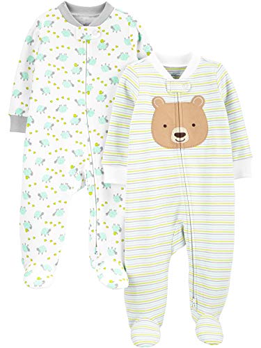 Simple Joys by Carter's Unisex Babies' Cotton Footed Sleep and Play, Pack of 2, White Bear/Turtle, Newborn