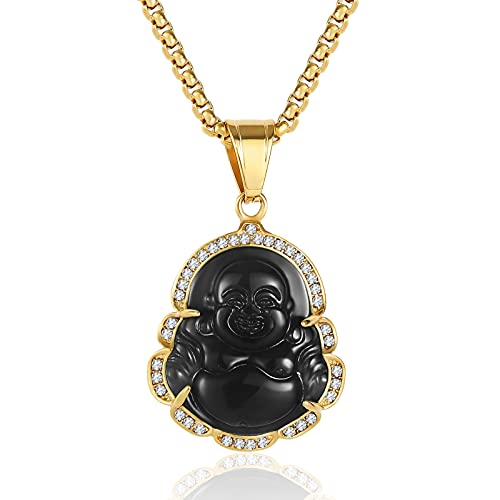 P.BLAKE Black Laughing Buddha Buddah Necklaces For Women Men,Ice Out Buddha Pendant For Men Women with Stainless Steel Chain 24 inches