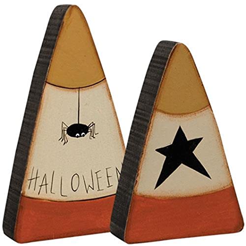 2 Pc Halloween Spider Star Candy Corn Set - Primitive Country Fall Wood Shelf Sitters