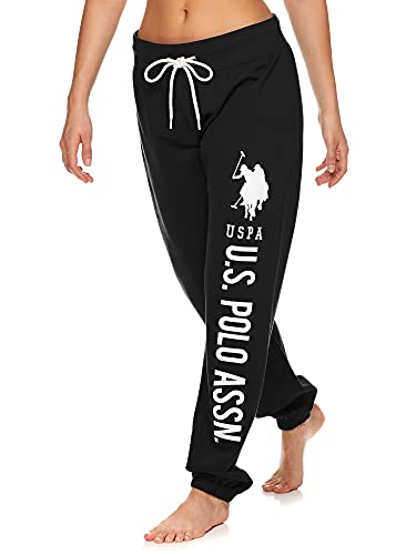 U.S. Polo Assn. Essentials Black Sweatpants for Women - Womens Sleep and Lounge Pants (Black With White Print, Medium)