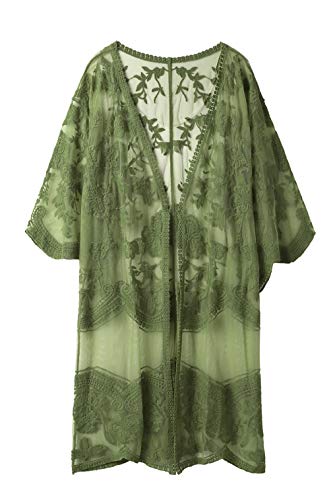 TICOSA Women's Lace Cardigan Floral Open Stitch Crochet Vest Beach Wear Cover Up Kimono with Half Sleeves JG-M Army Green