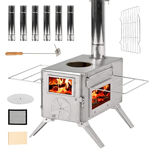 GRAVFORCE Camping Hot Tent Stove, Portable Wood Burning Stove for Outdoor, Stainless Steel Small Camping Stove with Sectional Chimney Pipes & Tent Stove Jack for Heating and Cooking, Backpacking
