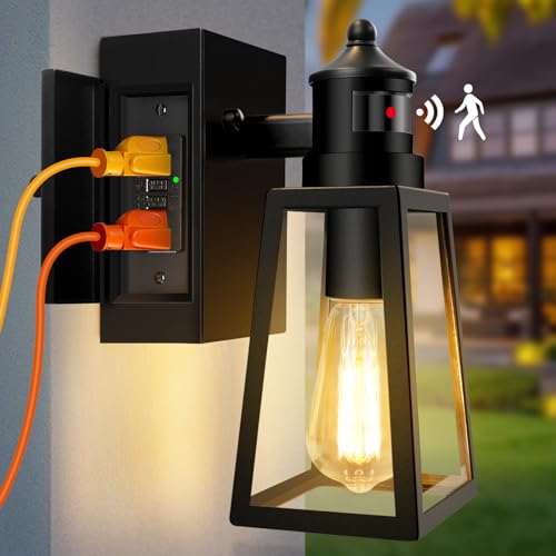 Porch Lights with GFCI Outlet, Dusk to Dawn Motion Sensor Outdoor Wall Lantern, 3 Lighting Modes Exterior Light Fixture for Outside House Front Door, Bulb NOT Included