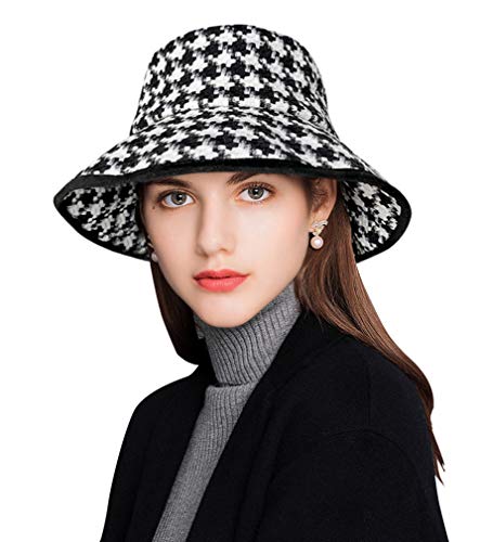 DOCILA Black and White Houndstooth Check Bucket Hat for Women Fashion Scottish Dogtooth Flat Top Cap 1920s Head Hair Cover Wrap Accessories Pied De Poule Femme Cadeau (Black)