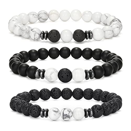 MengPa Mens Beaded Bracelets Matte Lava Rock Volcanic Stone Beads for Women Stretch Bracelet White Howlite Fashion Jewelry US4543B