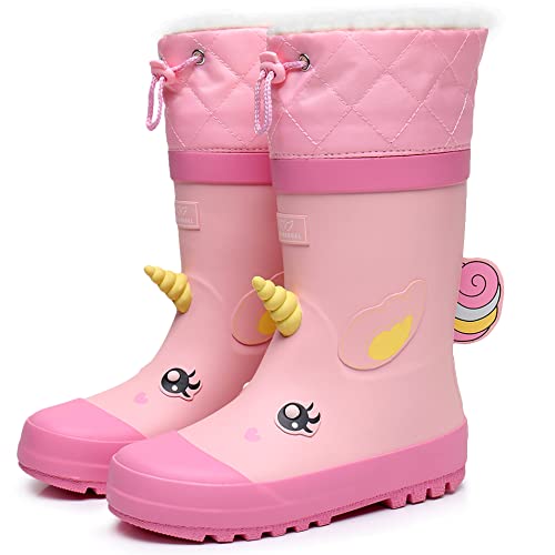 RAINANGEL Kids Rain Boots for Girls and Boys with Fur Lining, Waterproof Warm Winter Rubber Rain and Snow Boots-with Fun Printed & Colors for Toddlers and Kids Size 13