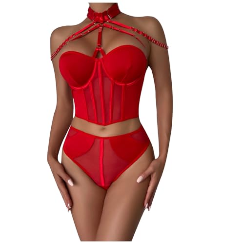 Ruimatai Sexy Lingerie for Women Teddy Halter Corset and Thong Set Lingeries Mesh Metal Hanging Neck Underwear Thong Suit Red S