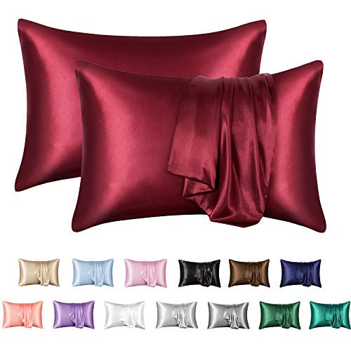 MR&HM Satin Pillowcase for hair and skin, Silk Satin Pillowcase 2 Pack, Queen Size Pillow Cases Set of 2, Silky Pillow Cover with Envelope Closure (20x30, Burgundy)