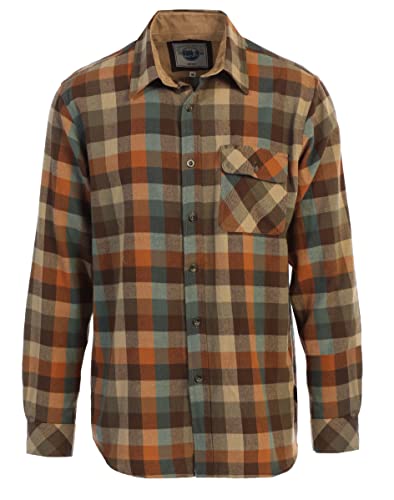 Gioberti Men's 100% Cotton Brushed Flannel Plaid Checkered Shirt with Corduroy Contrast, Orange/Khaki/Teal, Medium