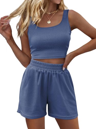 Trendy Queen 2 Piece Sets Women Summer Two Piece Outfits Pajama Set Crop Tank Top and High Waisted Shorts Spring Fashion Clothing 2024 Trendy