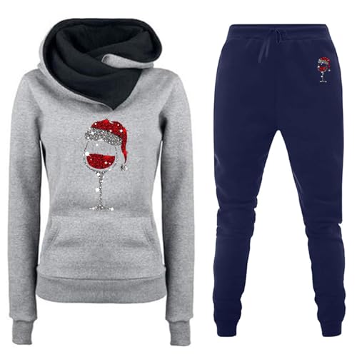 Women's Christmas Sweatshirt Set Wine Glass Print Cowl Neck Hooded Long Sleeve Sleepwear Soft Warm Comfortable Autumn Winter Relax 2 Piece Set Sweatshirt Christmas Plaid
