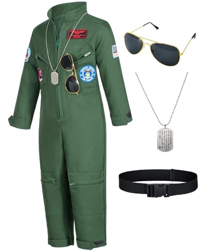 Kids Fighter Pilot Costume - Air Force Flight Suit with Aviator Sunglasses & Tag & Belt for Boys Girls Roleplay Dress Up 8-9 Years