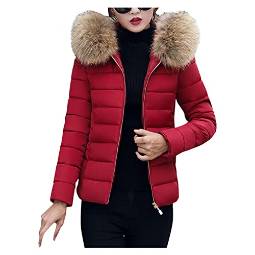 melupa Women's Lightweight Puffer Jacket Warm Winter Quilted Coat Fur Collar Plus Size Hooded Parka Outerwear Overcoats Wine