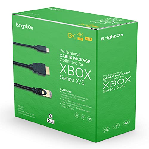 BrightOn Optimized Cable Package Compatible with Xbox Series X/S | 8K HDMI 2.1 HDR Black Cable 8K@60Hz/4K@120Hz | CAT 7 Super High Speed Ethernet Cable | Fast Charge (USB A to USB C) (2 Meter Cables)