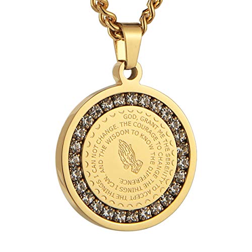 HZMAN Bible Verse Prayer Necklace Christian Jewelry Gold Stainless Steel Praying Hands Coin Medal Pendant (CZ Gold)