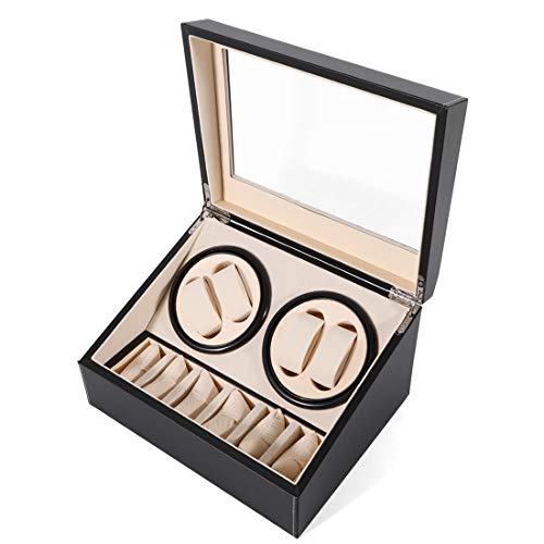 SHZICMY Automatic Watch Winder Display Box, 4+6 Automatic Rotation Leather Wood Watch Winder Collector Display Box Watch Case(Black)