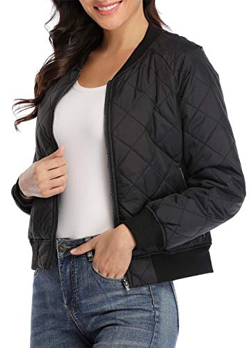 andy & natalie Women's Quilted Jacket Long Sleeve Zip up Raglan Bomber Jacket with Pockets