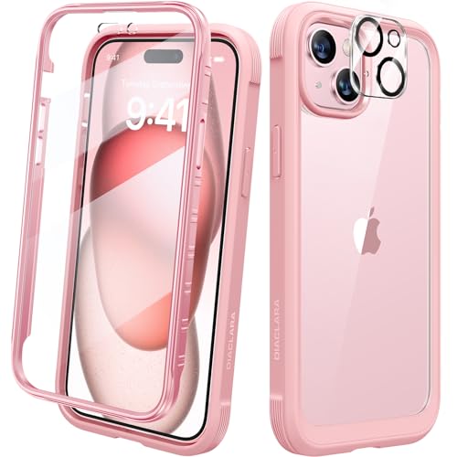 Diaclara Designed for iPhone 15 Plus Case 6.7 Inch,Full Body Rugged Case with Built-in Touch Sensitive Anti-Scratch Screen Protector+9H Tempered Glass Camera Lens Protector, Coral Pink