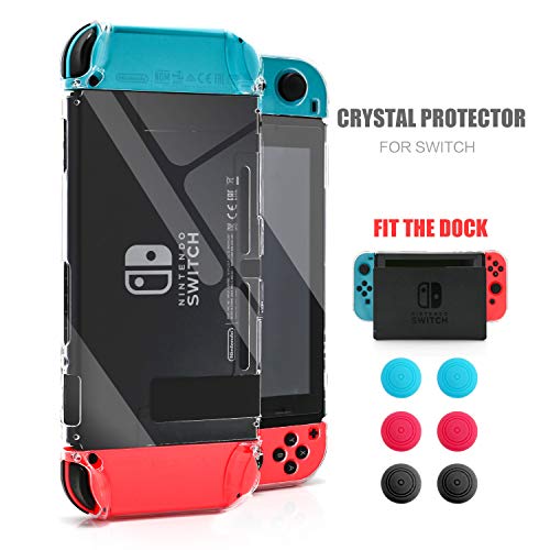 Switch Clear Case, Hard Protective Case for Nintendo Switch with a Tempered Glass Screen Protector and 6 Joy Stick Covers, Fit into the Dock Station - Clear (NOT for Switch OLED)