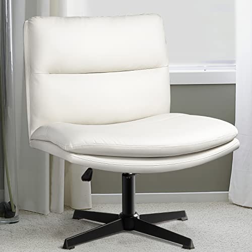 LEMBERI PU Leather Armless Office Desk Chair No Wheels,Criss Cross Legged Wide Padded Seat Swivel Vanity Chair,120°Rocking Mid Back Ergonomic Computer Task Chair for Make Up,Small Space