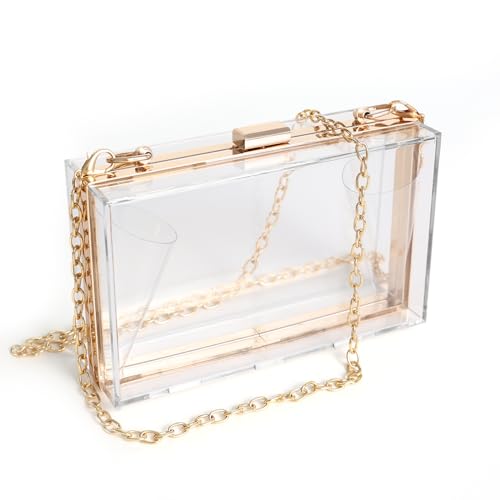 Women Clear Purse Acrylic Clear Clutch Bag, Shoulder Handbag With Removable Gold Chain Strap (Gold)