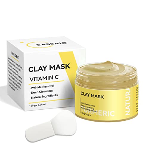 CASSAIO Turmeric Face Mask Vitamin C Clay Mask Clay Facial Mask with Kaolin Clay for Dark Spots Acne Control and Refining Pores Face Mask Skin Care For All Skin Types 5.29 Oz