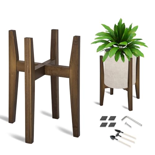 OERGKE Adjustable Plant Stand, Bamboo Mid Century Modern Indoor Plants Stands, Corner Flower Holder for Living Room, Fits 8 to 12 Inches Pots, (Pot & Plant Not Included)(Walnut, 1 Pack)
